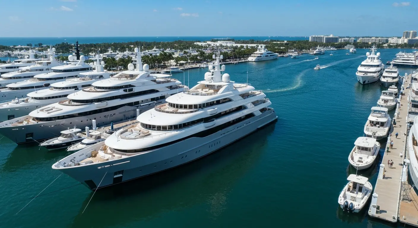 Multiple gleaming superyachts lined up at a Fort Lauderdale marina during what appears to be a major boat show event