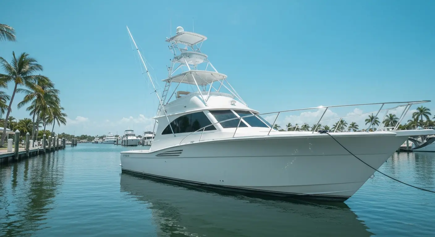 A gleaming sportfish tower boat docked at a Fort Lauderdale marina