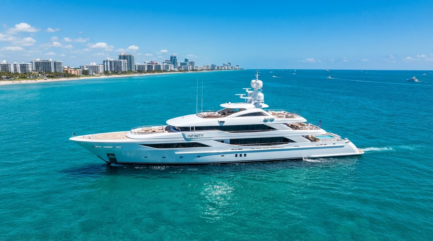 Gleaming superyacht on calm turquoise water near Fort Lauderdale