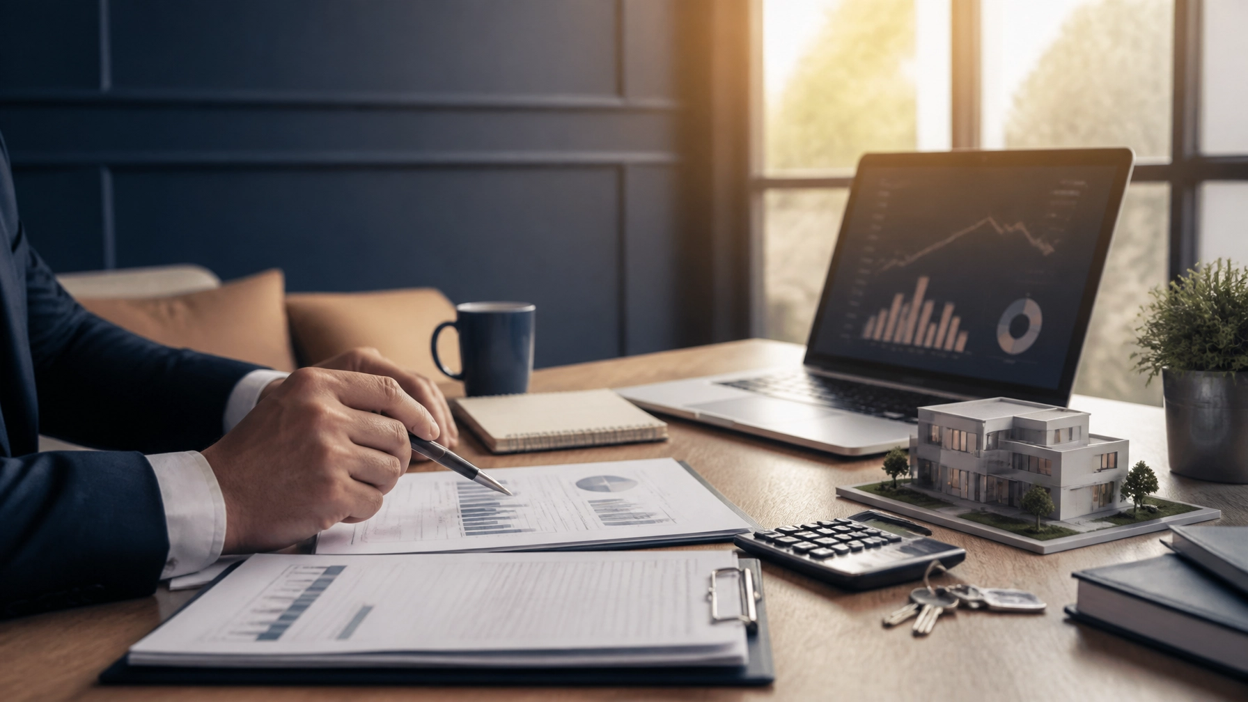 Real estate investor reviewing property documents, market data, and investment numbers at a professional desk