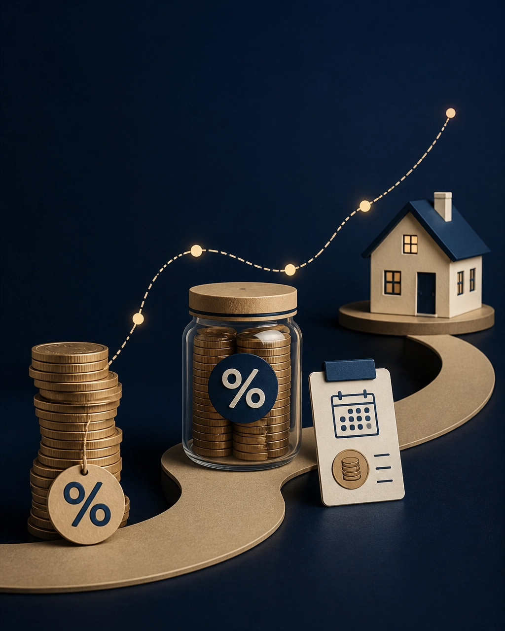 Abstract break-even illustration showing a calculator, capped fees, recurring costs, and a house icon