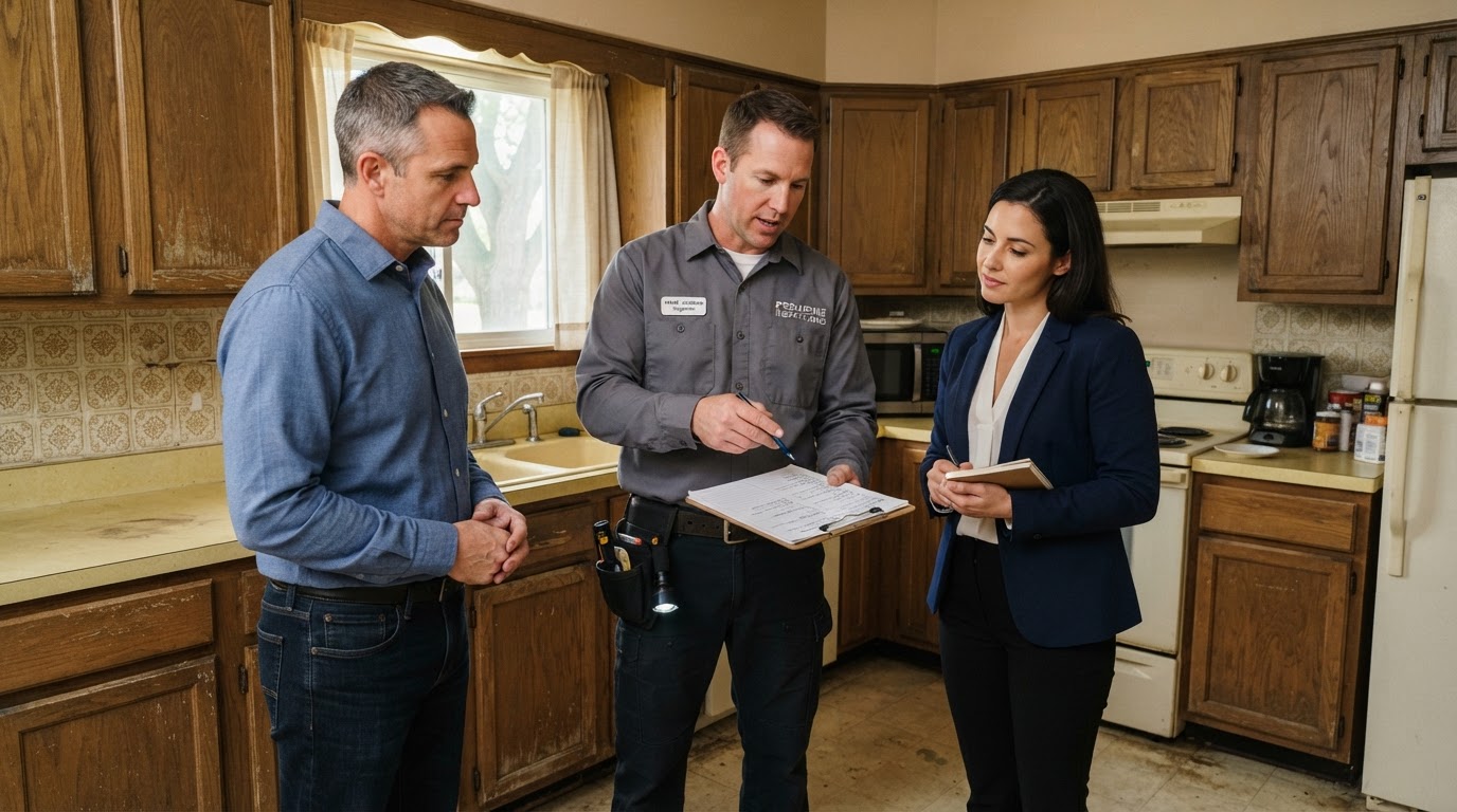 A home inspector in a gray work shirt pointing at a clipboard while a real estate agent in a navy suit and an investor in a blue shirt look on, standing in a dated kitchen with worn oak cabinets and old tile backsplash