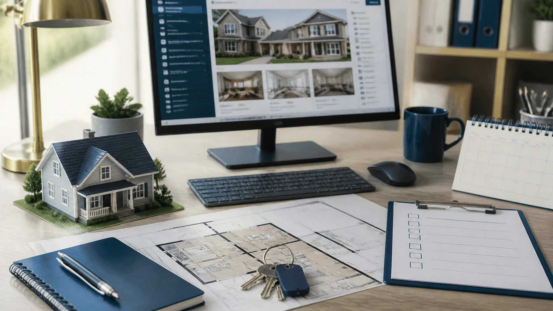 Organized real estate transaction desk with a home floor plan, checklist, calendar and keys