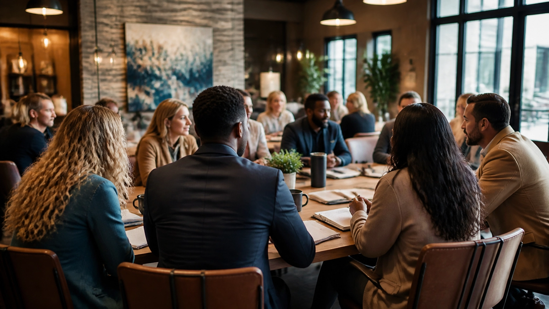 Real estate professionals collaborating during a brokerage mastermind and networking conversation