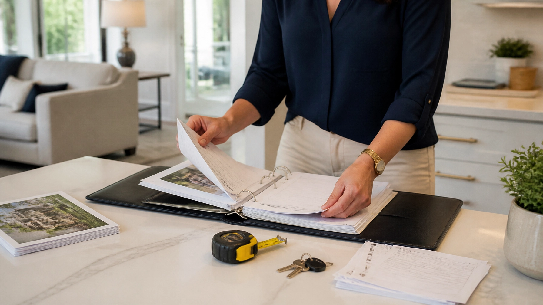 Listing agent organizing renovation records, permits and property documents on a kitchen island