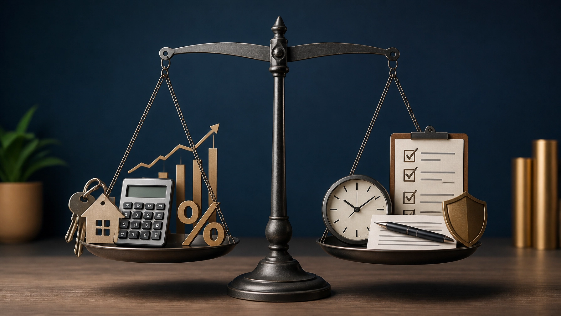 Balanced scale with real estate keys and a calculator on one side, and a compliance checklist, contract, and clock on the other