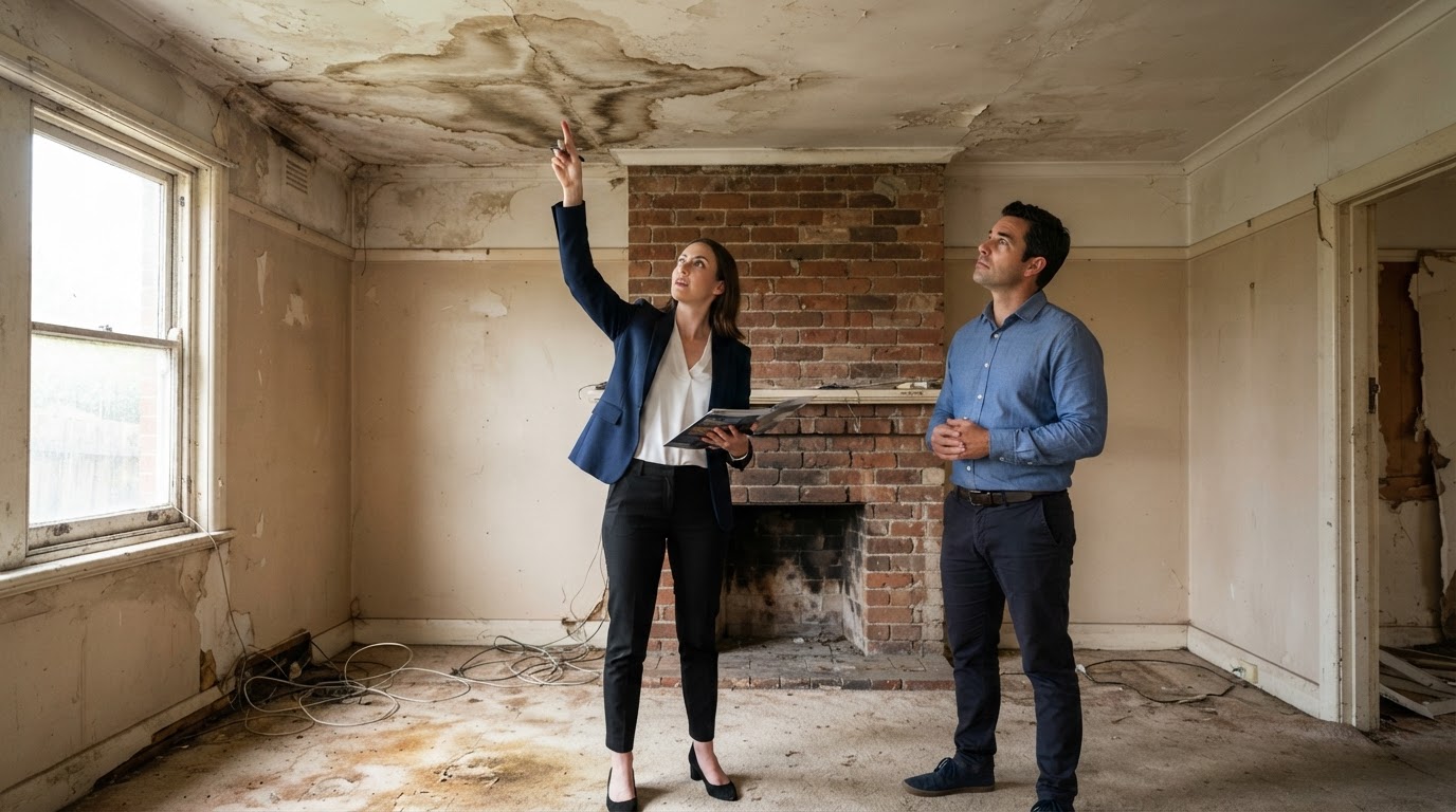 A real estate agent in a navy suit pointing up at a large water stain on the ceiling of a distressed older house while an investor in a blue shirt looks up, with peeling paint, stained carpet, and a brick fireplace in the room