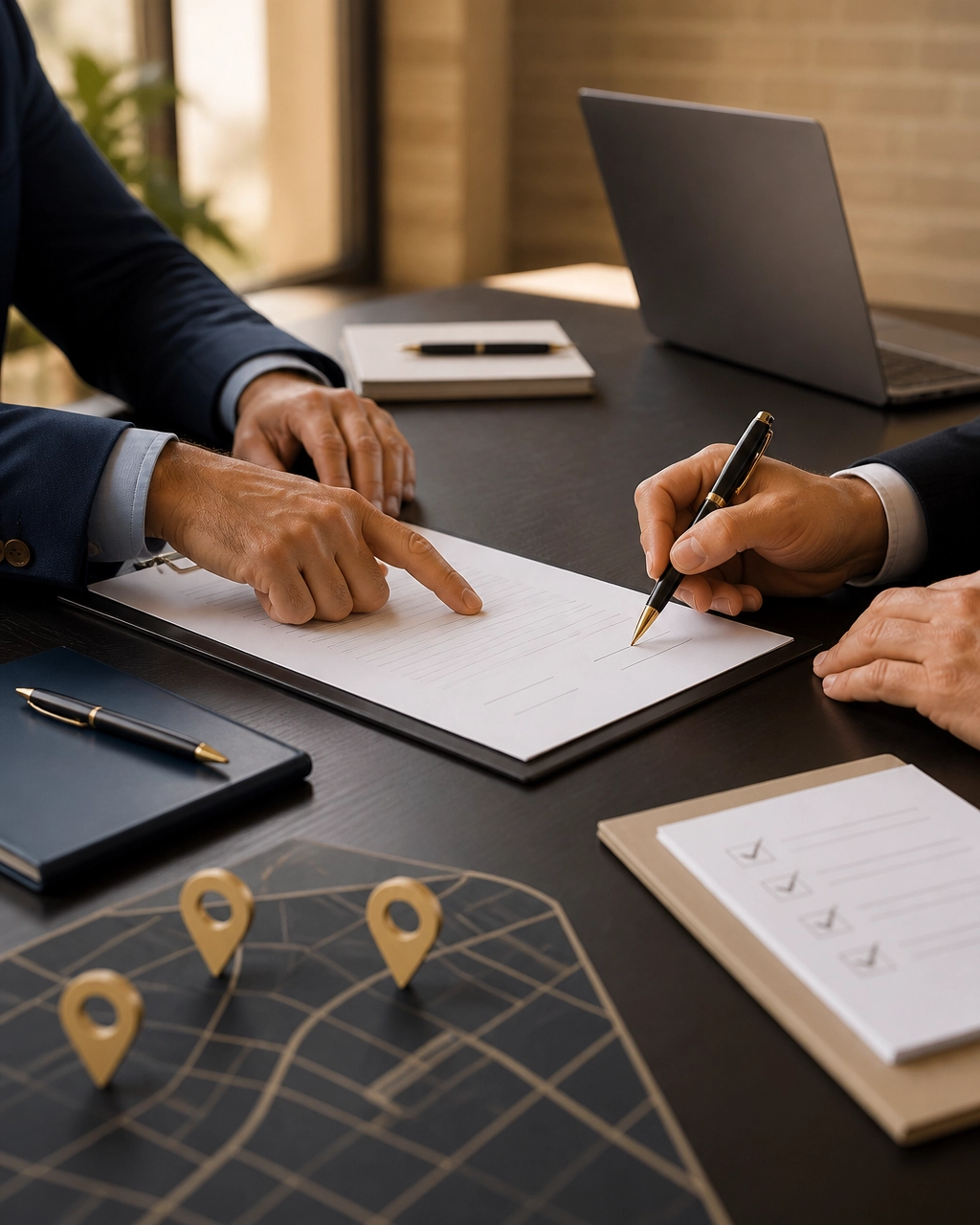 Broker-to-broker referral agreement being reviewed and signed by real estate professionals