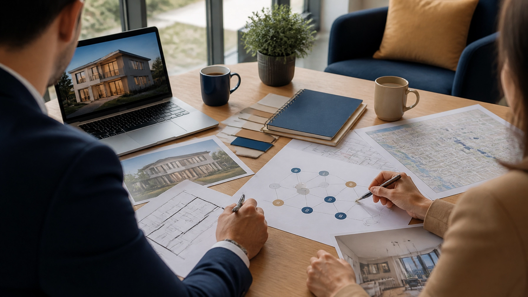 Real estate professionals and investors reviewing property plans, a market map, and a referral network diagram in a bright office