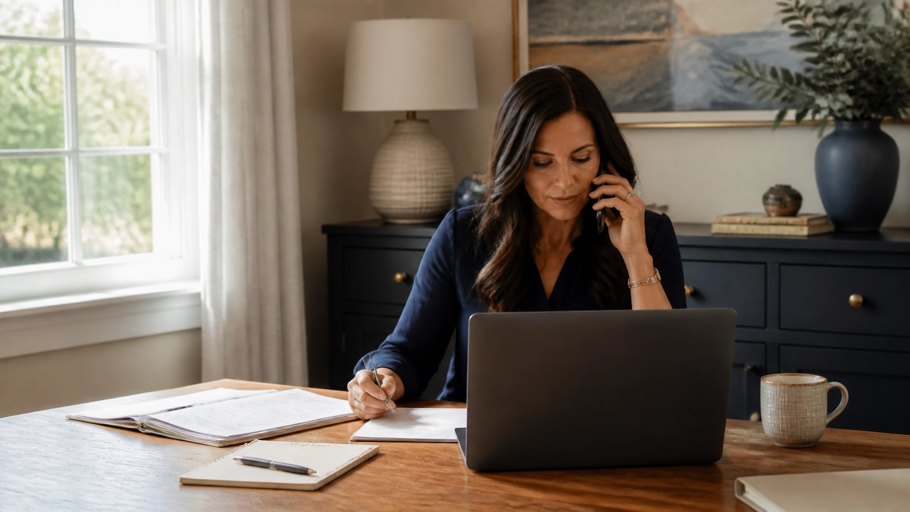 Buyer agent reviewing a closing timeline while speaking with a mortgage lender
