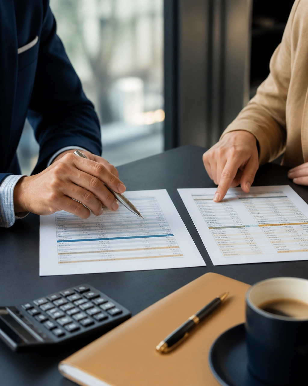 Real estate professionals comparing fee schedules and brokerage costs at a conference table