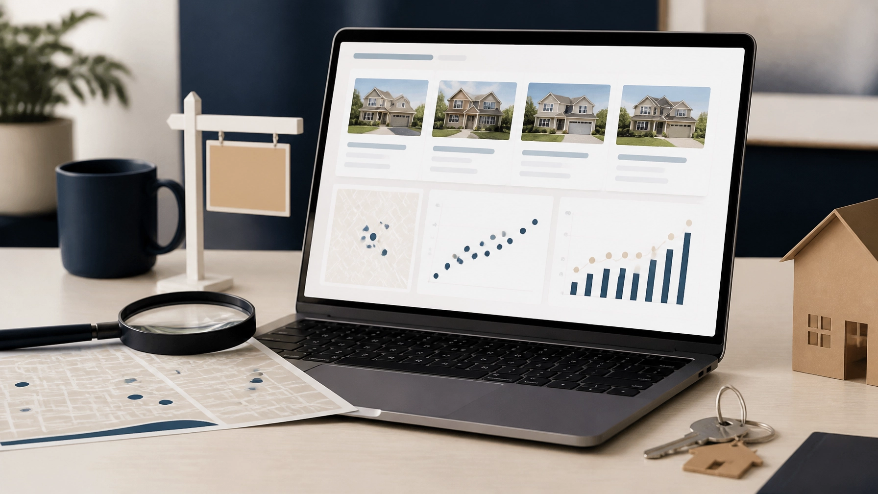 Laptop showing property search data, comparable sales charts, a neighborhood map, and real estate keys