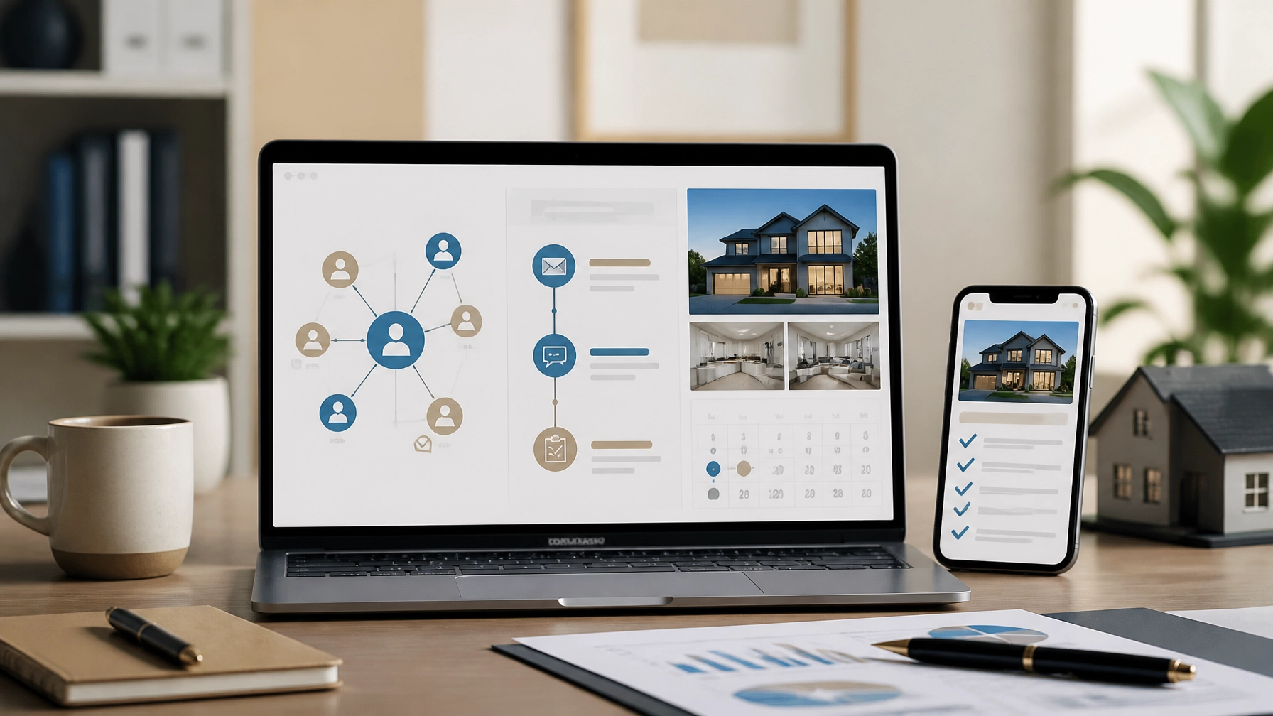 Real estate agent technology workspace with CRM contacts, automated follow-up, and transaction tools