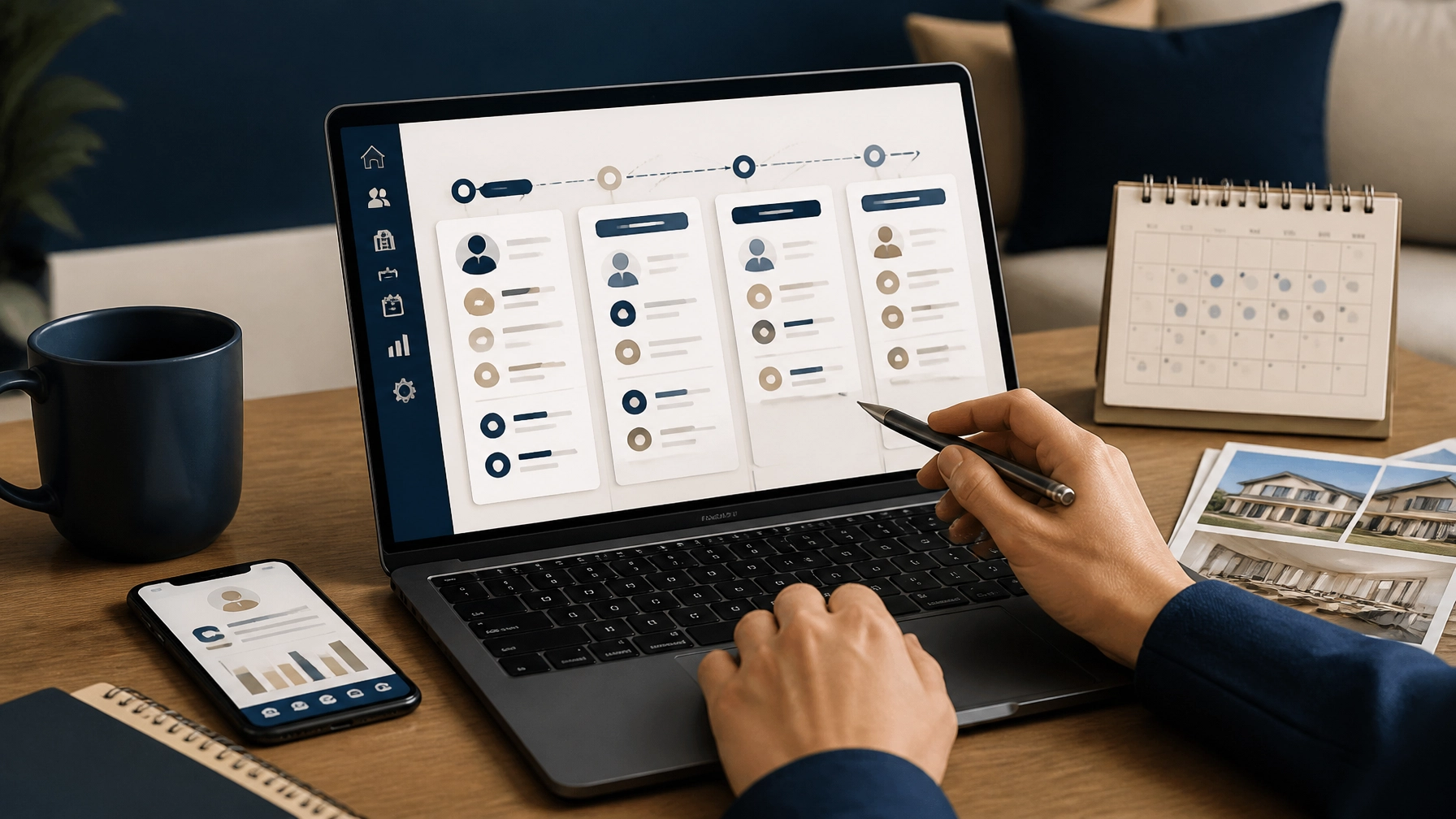 Real estate agent working at a laptop that shows a CRM pipeline board with contact cards in stages, with a phone, coffee, calendar, and property photos on the desk