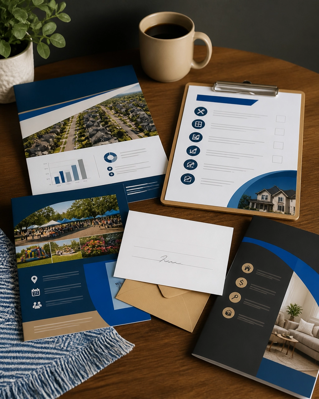 Printed market update, seasonal home maintenance checklist, and a handwritten thank-you card laid out on a desk, the three kinds of value-first content a Realtor can send