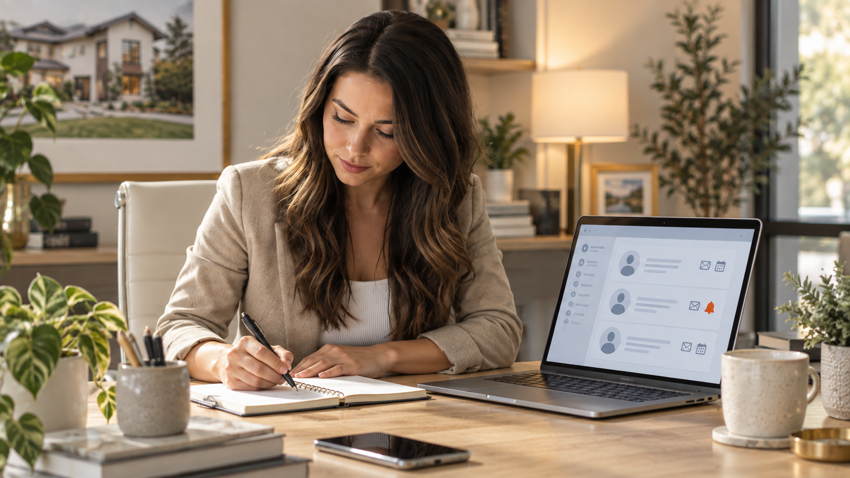 Real estate agent writing follow-up notes in a notebook next to a laptop showing a CRM contact list with email and calendar reminders