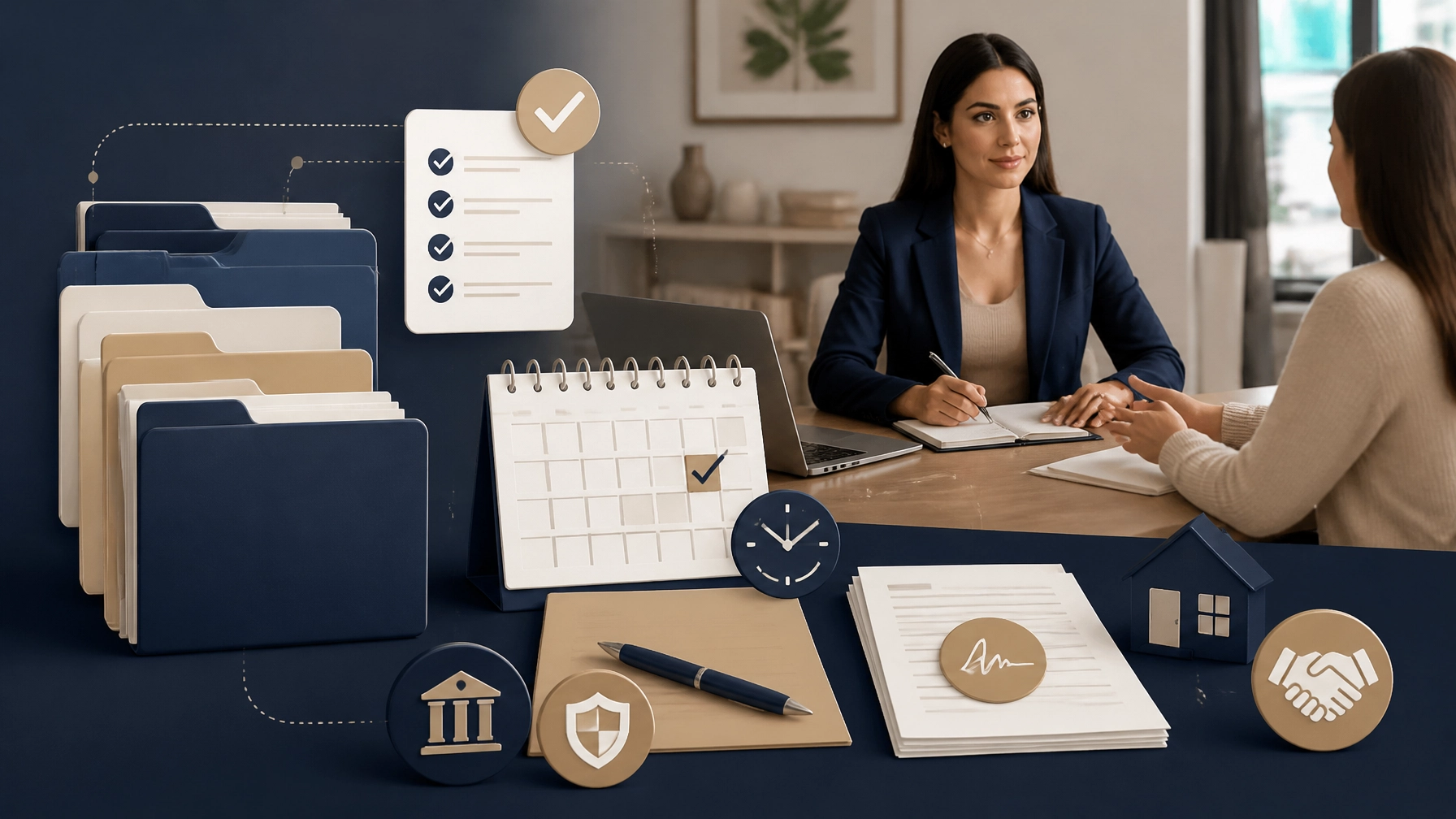 Transaction coordinator meeting with a client at a desk, surrounded by illustrated file folders, a contract-to-close checklist, a calendar with a deadline marked, a clock, and signed documents
