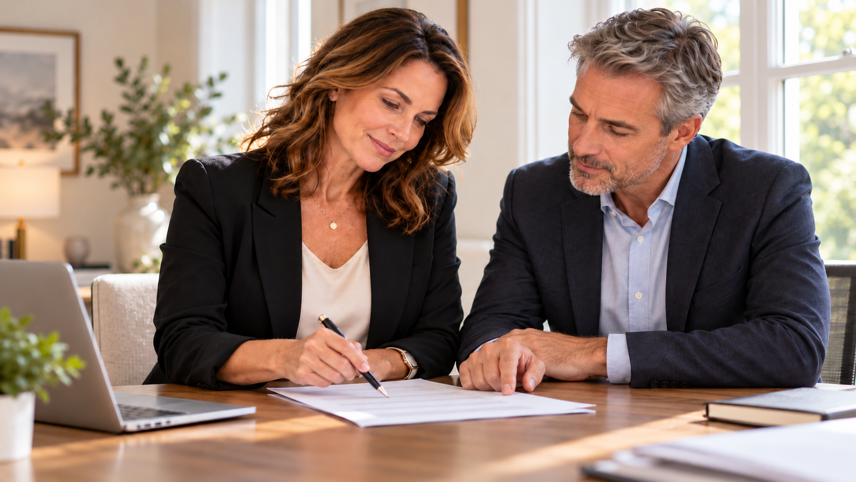 Real estate agent in a black blazer and a colleague in a navy jacket seated at a wooden desk reviewing a printed referral agreement together, she holds a pen while he points at the page