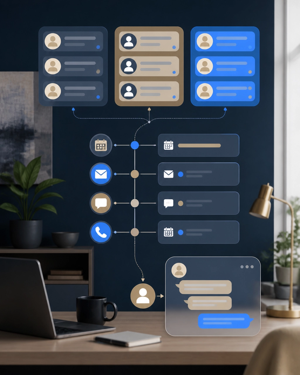 Illustrated CRM workflow showing contact cards grouped into segments, flowing into calendar, email, and phone follow-up reminders and a personal message