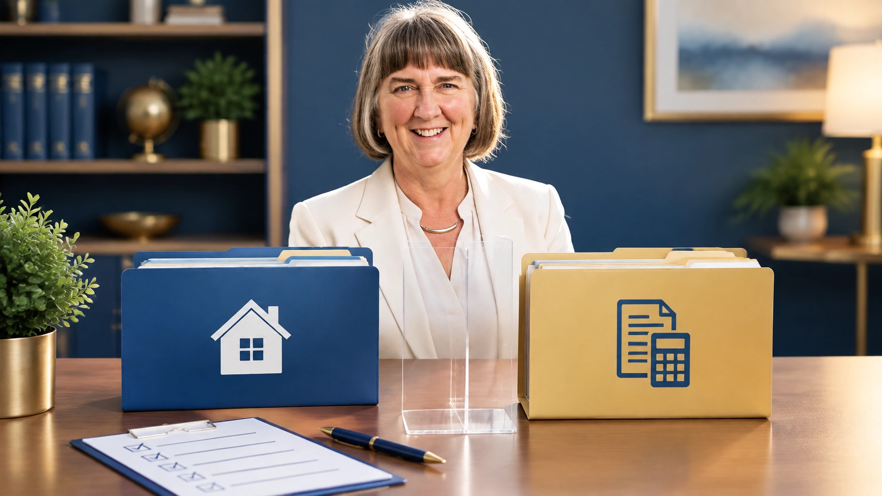 Debbie Mauro, founder of Agent Impact Network, at a desk with a blue real estate file and a gold mortgage file kept separate by a clear divider, with a checklist and pen in front