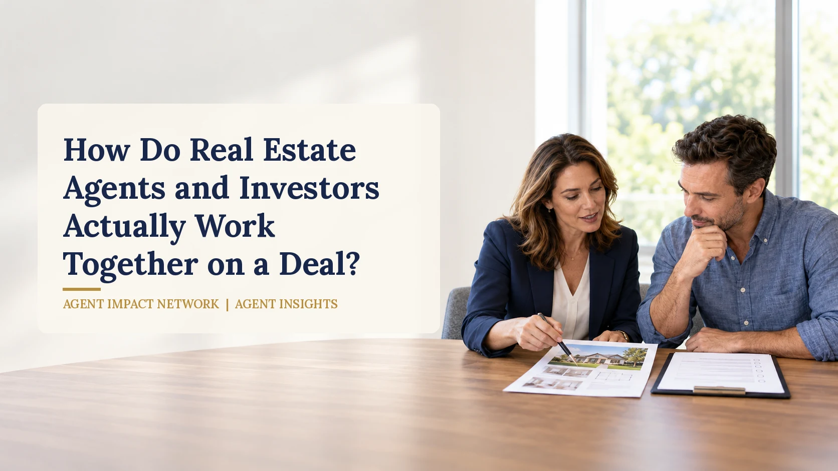 A real estate agent in a navy blazer pointing at a printed property listing while an investor in a blue shirt reviews it beside a checklist, seated at a wood table by a bright window