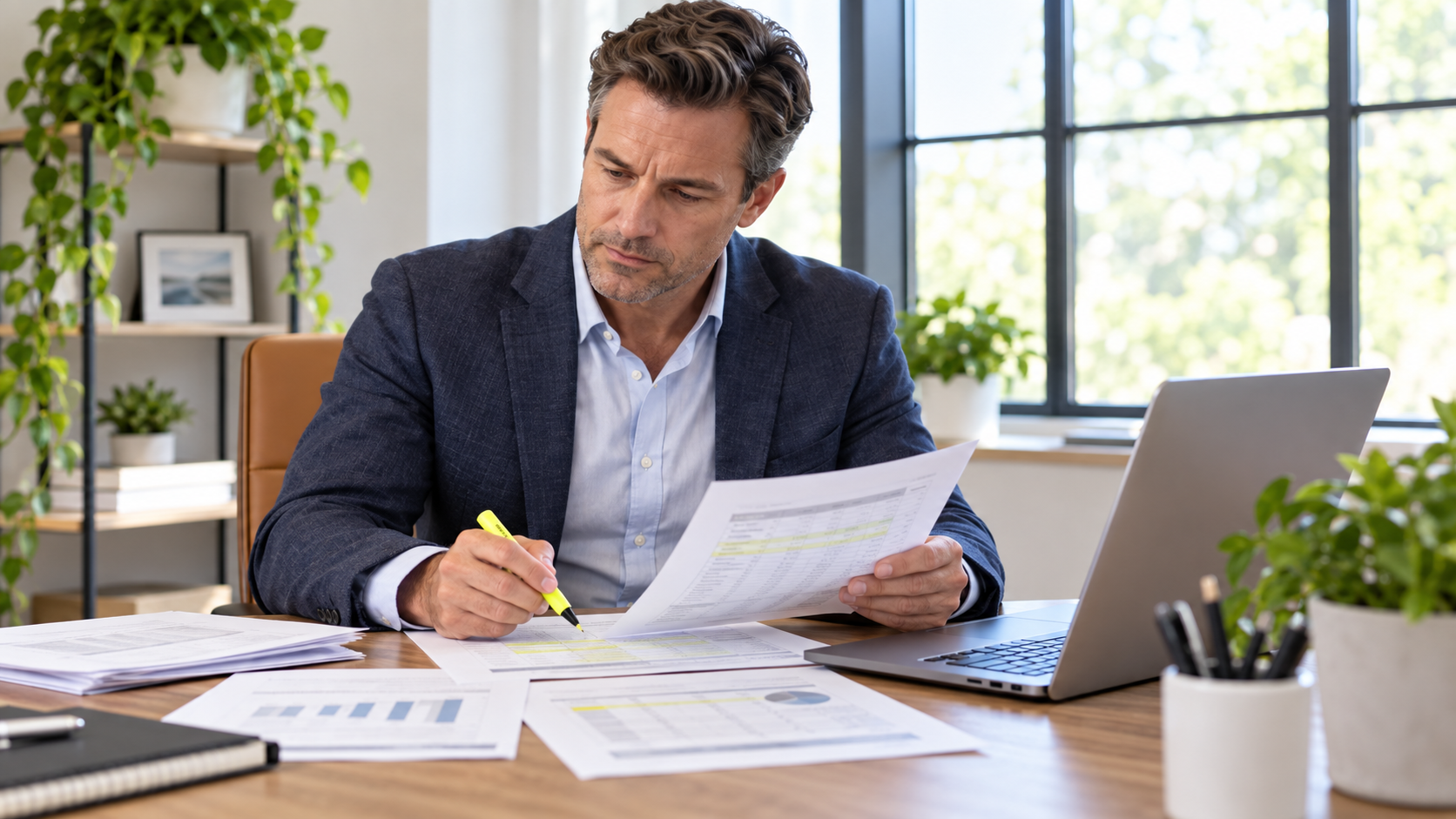 Real estate agent at a desk reviewing printed commission statements and a brokerage fee schedule with a calculator
