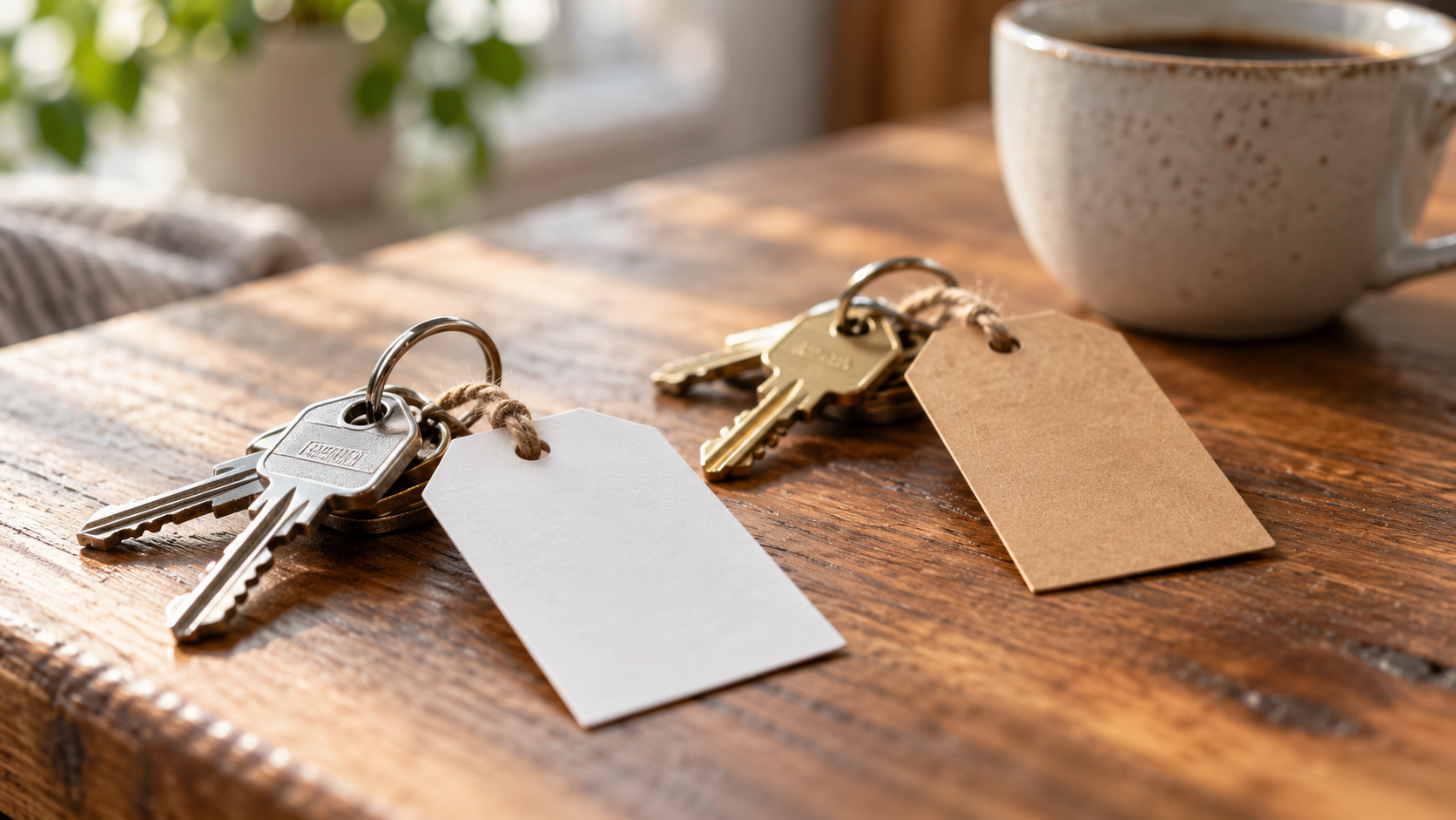 Two sets of house keys on a wooden table, one tagged for a client closing and one tagged for a rental property