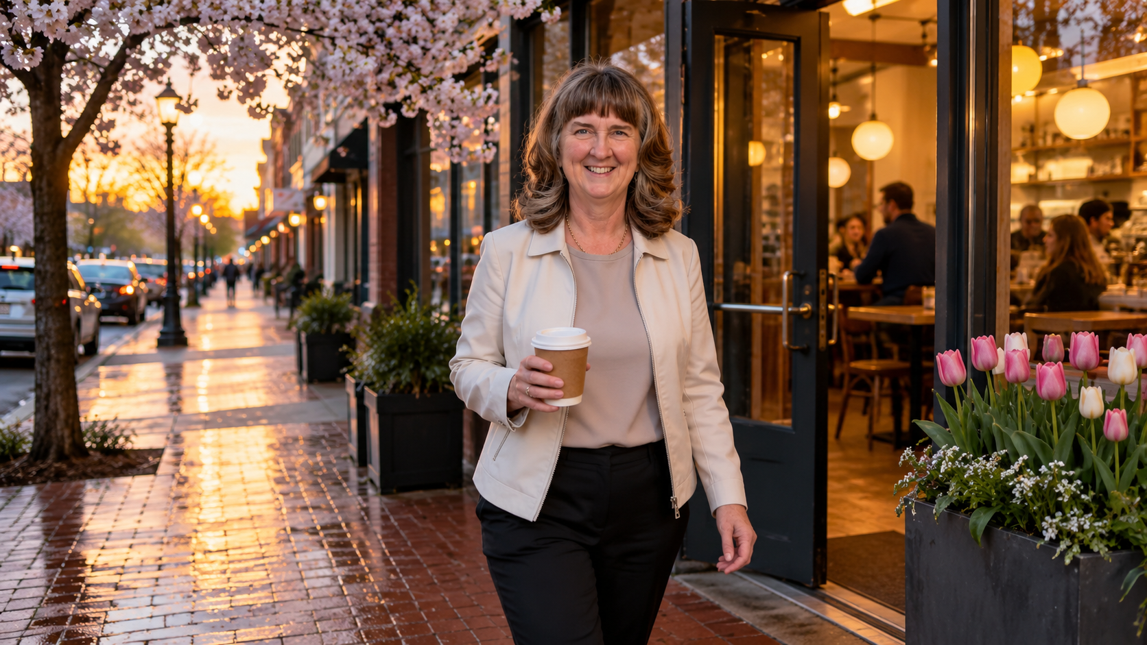 Debbie Mauro, founder of Agent Impact Network, walking out of a neighborhood coffee shop with a cup of coffee at sunset