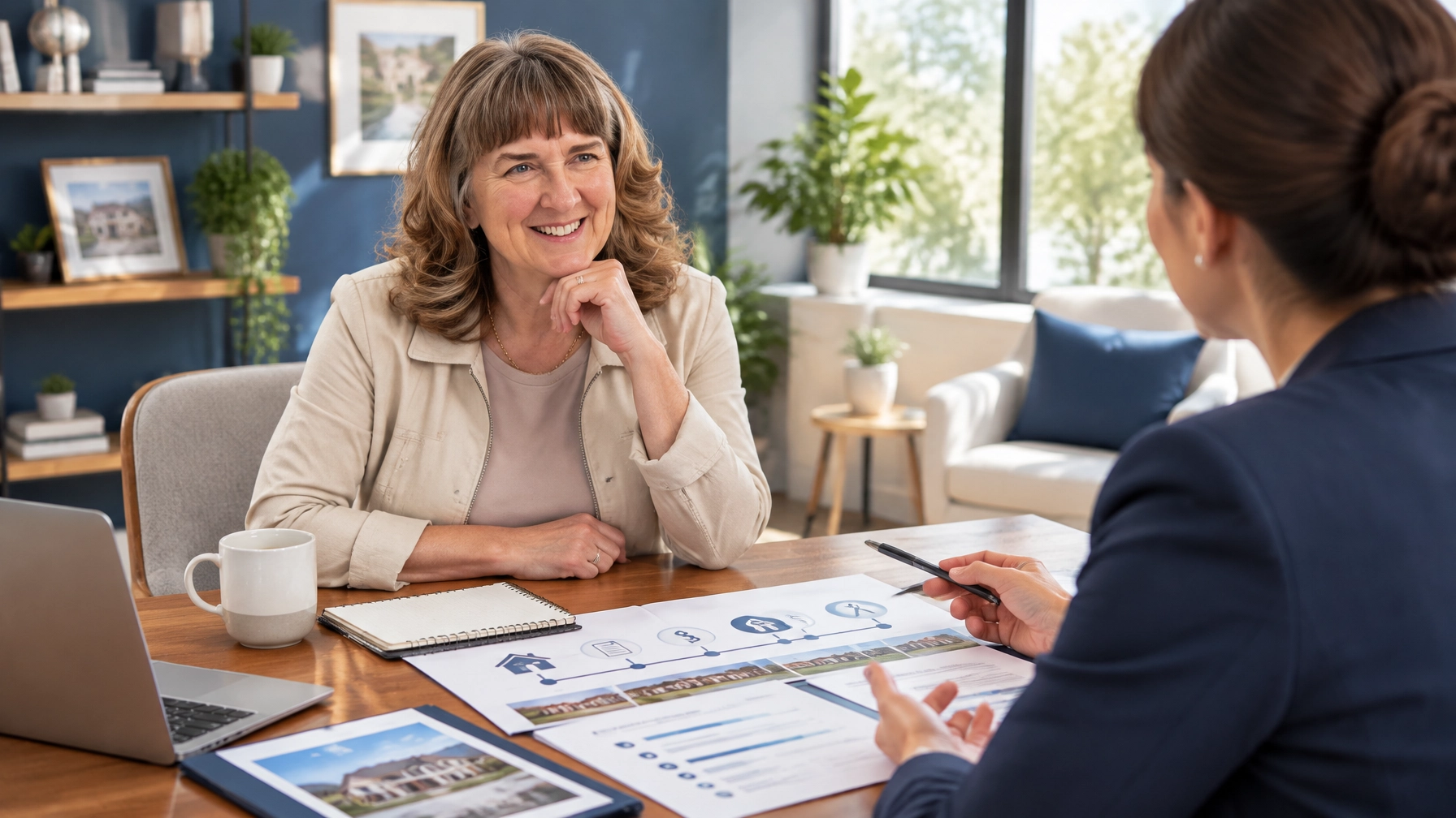 Homebuyer smiling across a desk from a real estate professional who is walking her through a printed home purchase and financing timeline