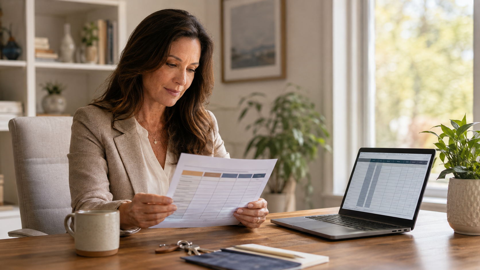 Real estate agent at a home office desk comparing a printed brokerage comparison sheet with a spreadsheet on her laptop, house keys on the desk
