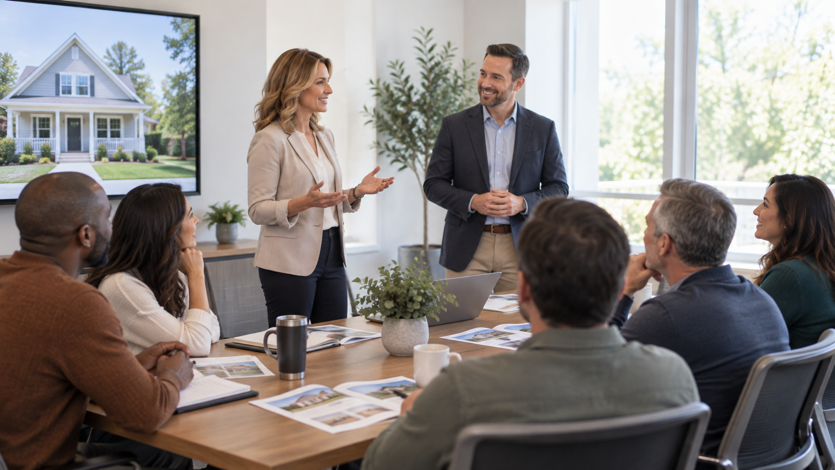 Realtor and a lender partner co-presenting a first-time homebuyer seminar to a small group at a conference table