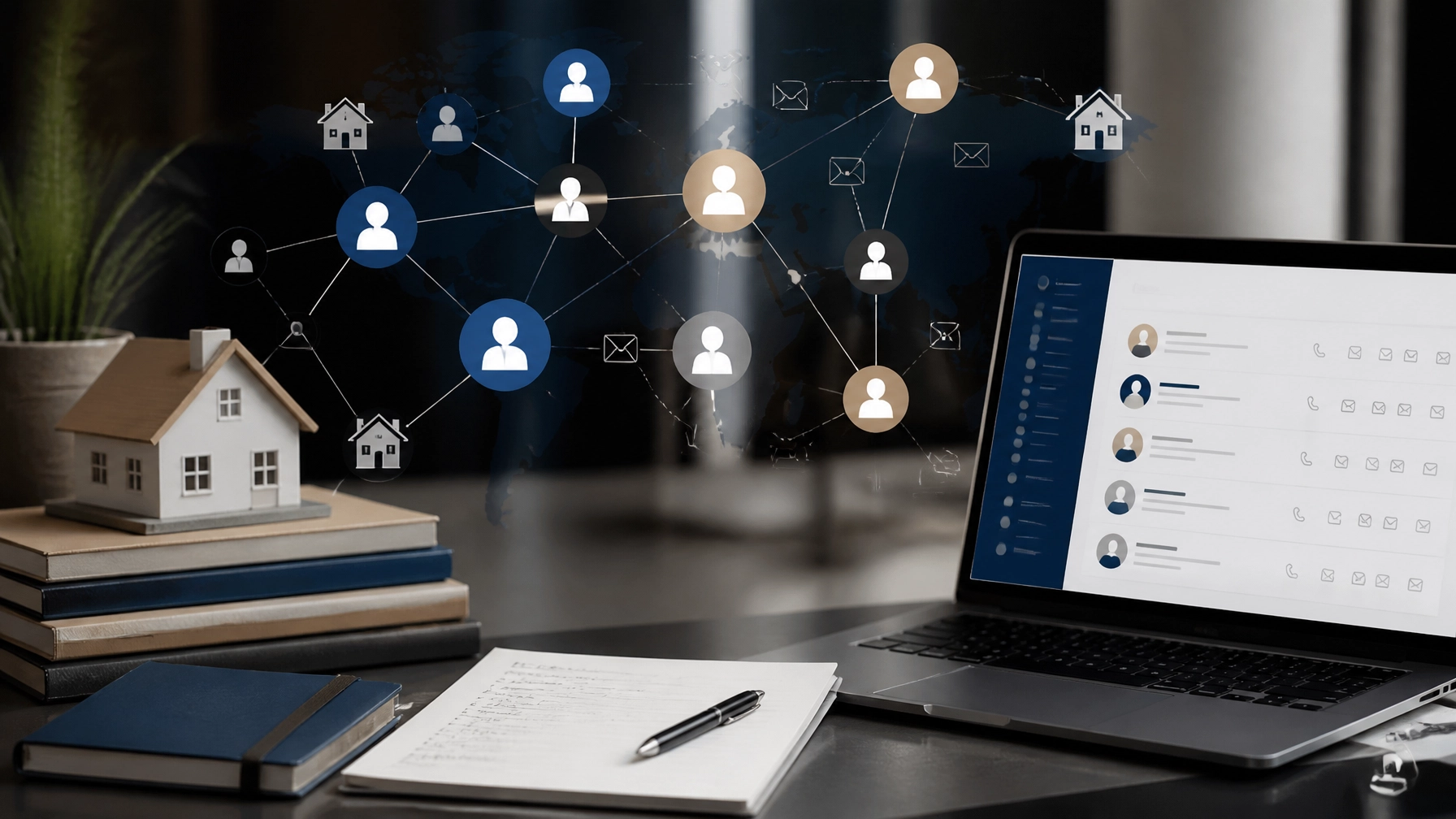 Network of connected contact icons and house icons over a world map behind a laptop showing a CRM contact list, representing a referral network