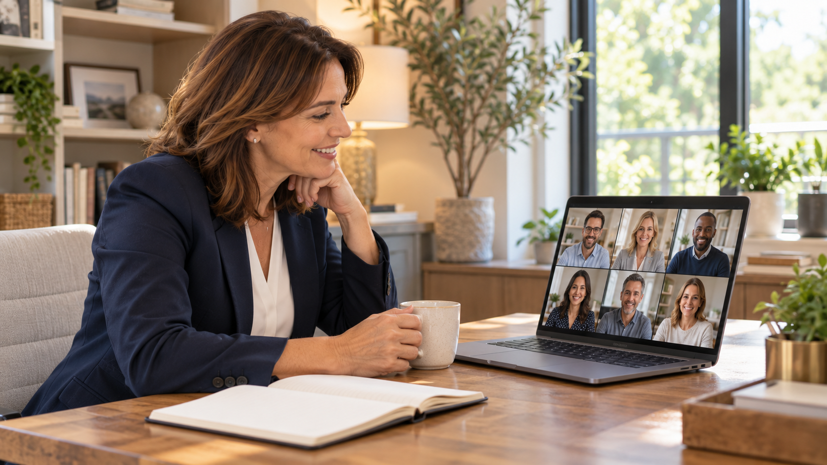 Real estate agent on a video call at her desk with several other professionals on the laptop screen