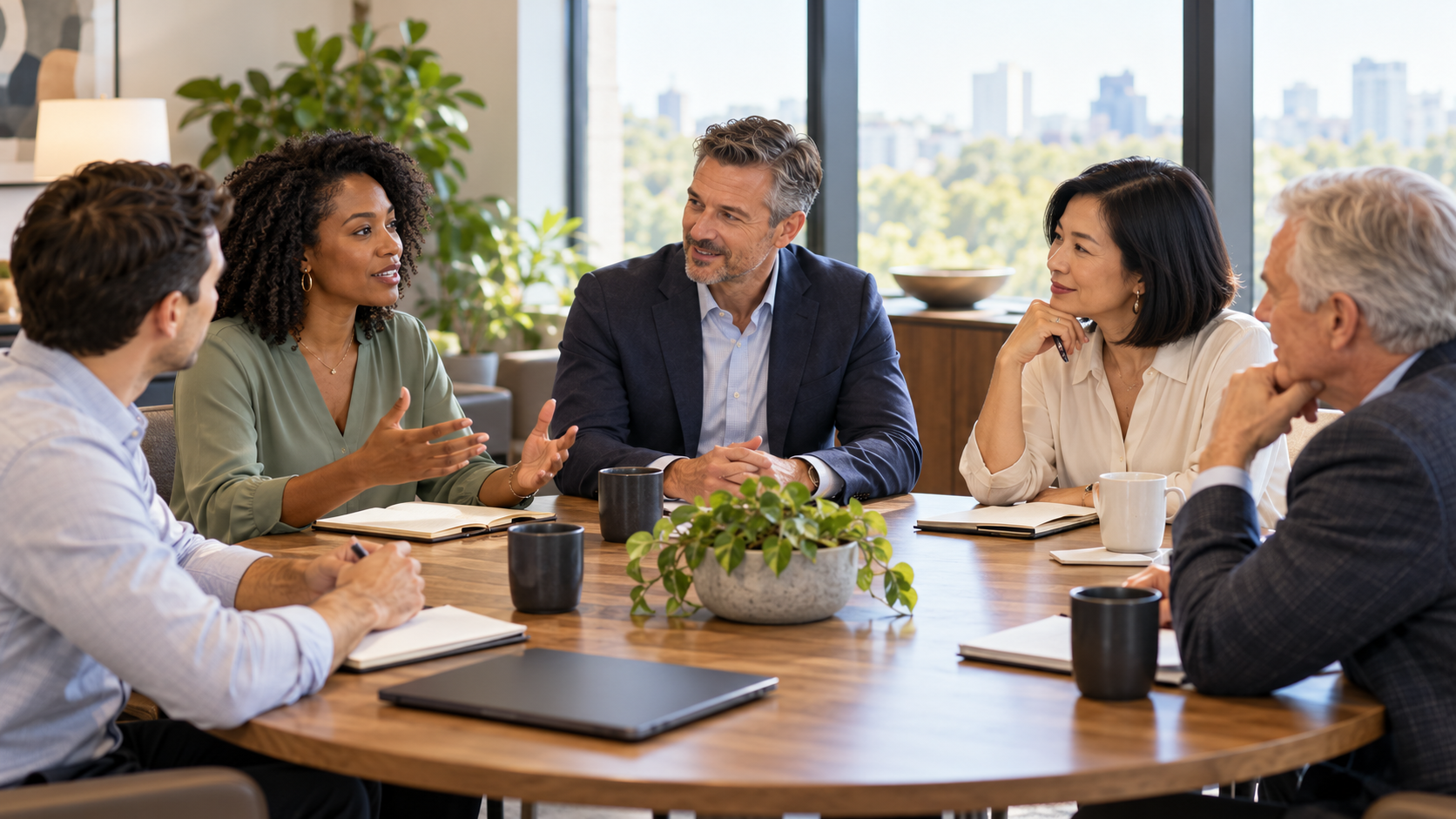 Five real estate professionals in a relaxed mastermind discussion around a round wooden table in a bright office, a woman in a green blouse speaking while the others listen, coffee mugs and notebooks on the table