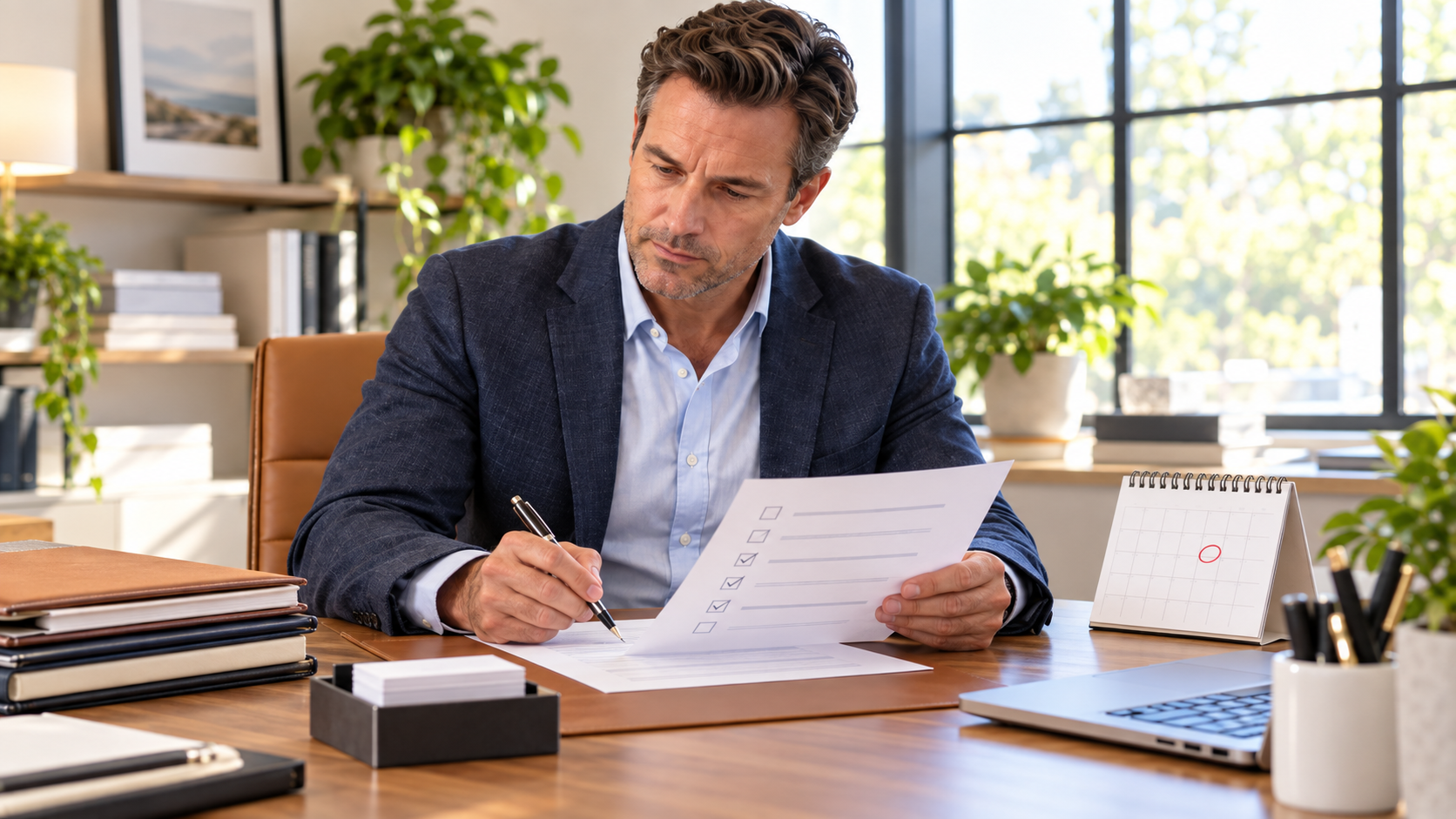 Real estate agent working through a printed brokerage transition checklist with client files and a desk calendar