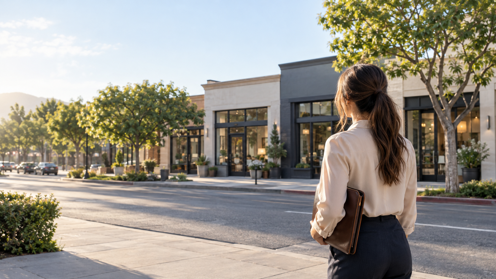 New real estate agent holding a leather folder on a sunny sidewalk, looking across the street at a row of brokerage office storefronts