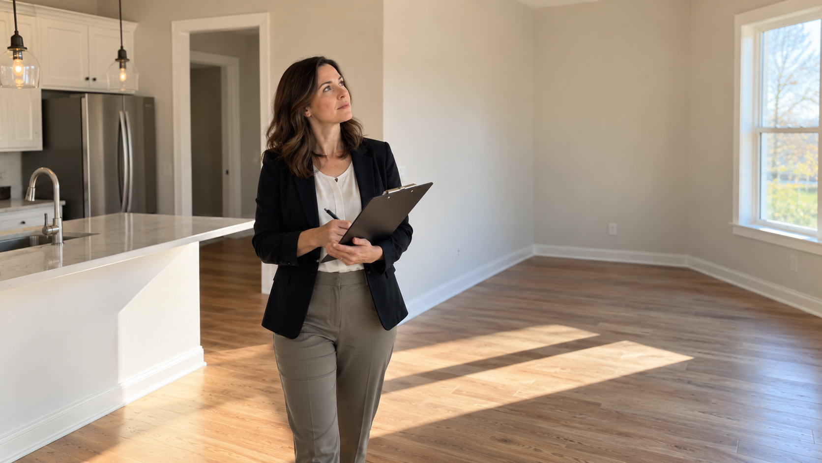 Real estate agent with a clipboard walking through an empty rental unit, inspecting the kitchen and ceiling before making an investment decision