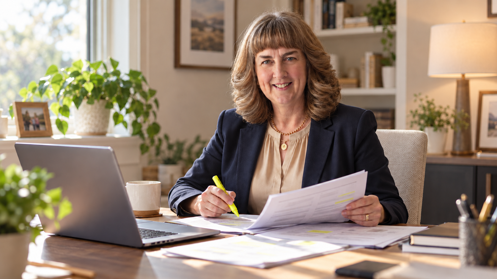 Real estate agent at a desk reading a printed brokerage compensation plan with a highlighter in hand