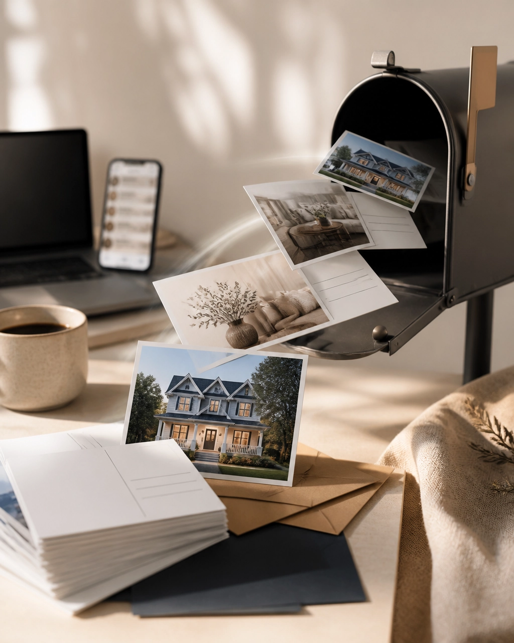 Real estate postcards with home photos being placed into a mailbox, with a laptop and a stack of cards on the desk behind it