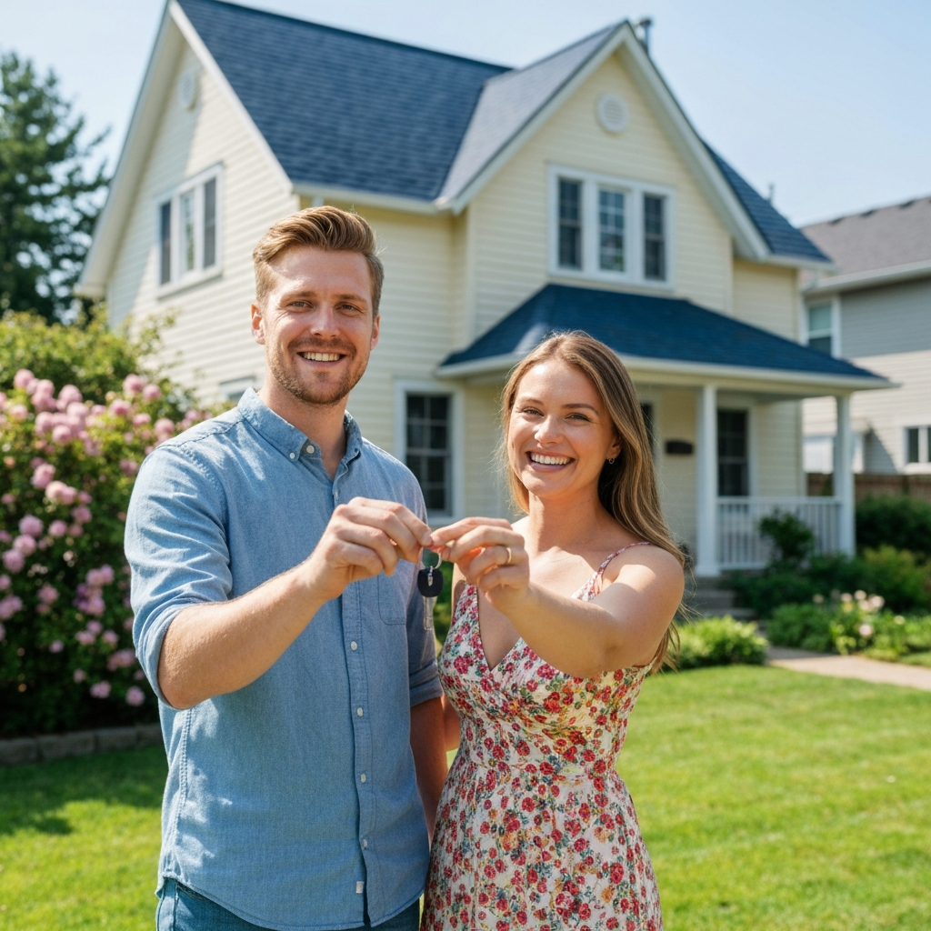 Couple holding keys after selling property