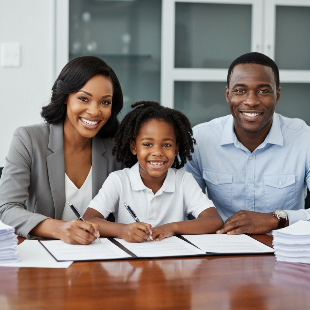 Family signing closing documents