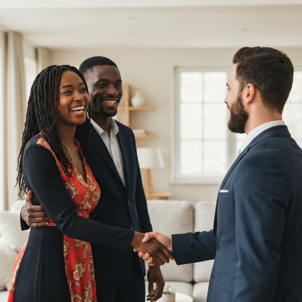 Couple shaking hands with real estate investor