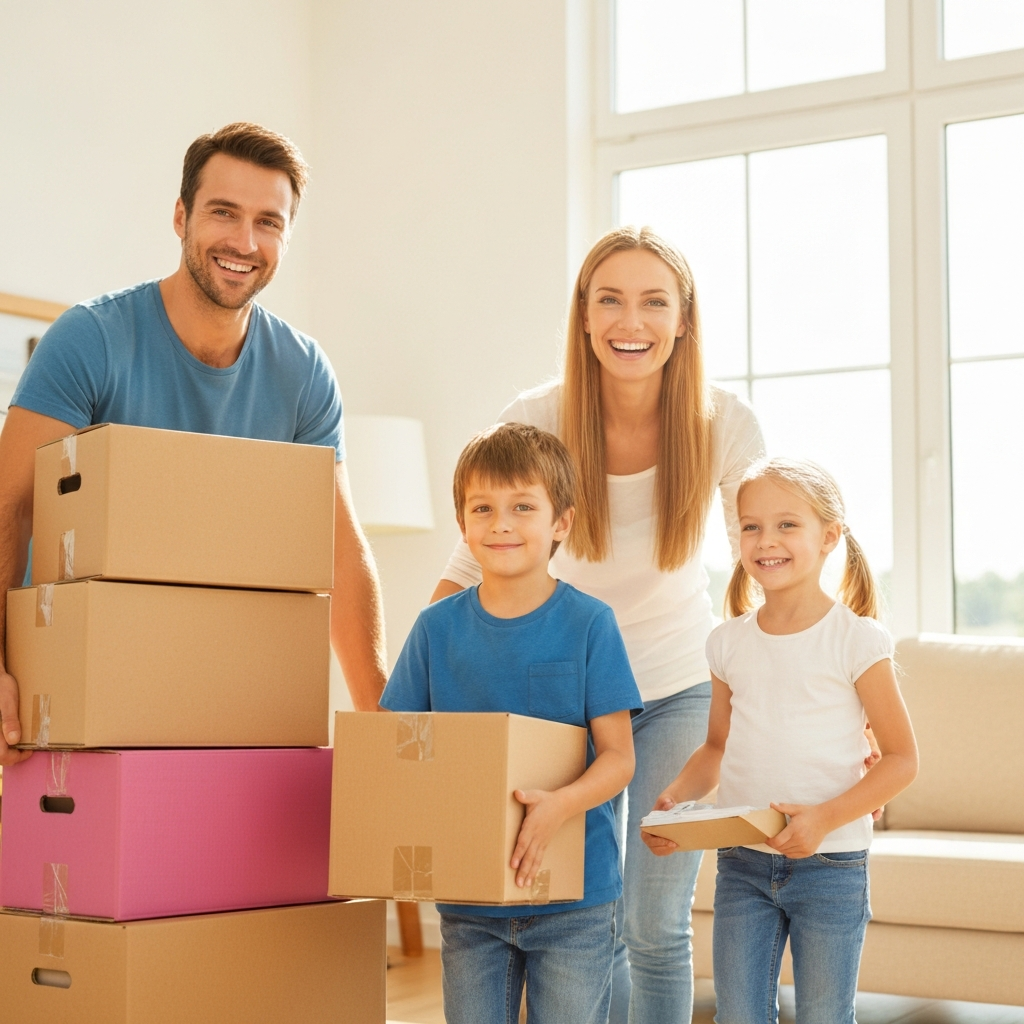 Family moving boxes into new home