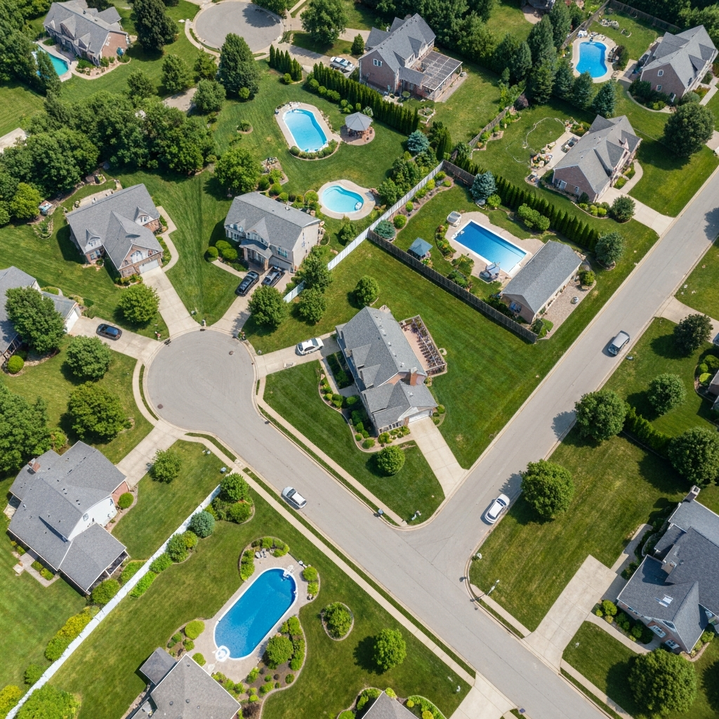 Aerial view of suburban neighborhood where we buy houses