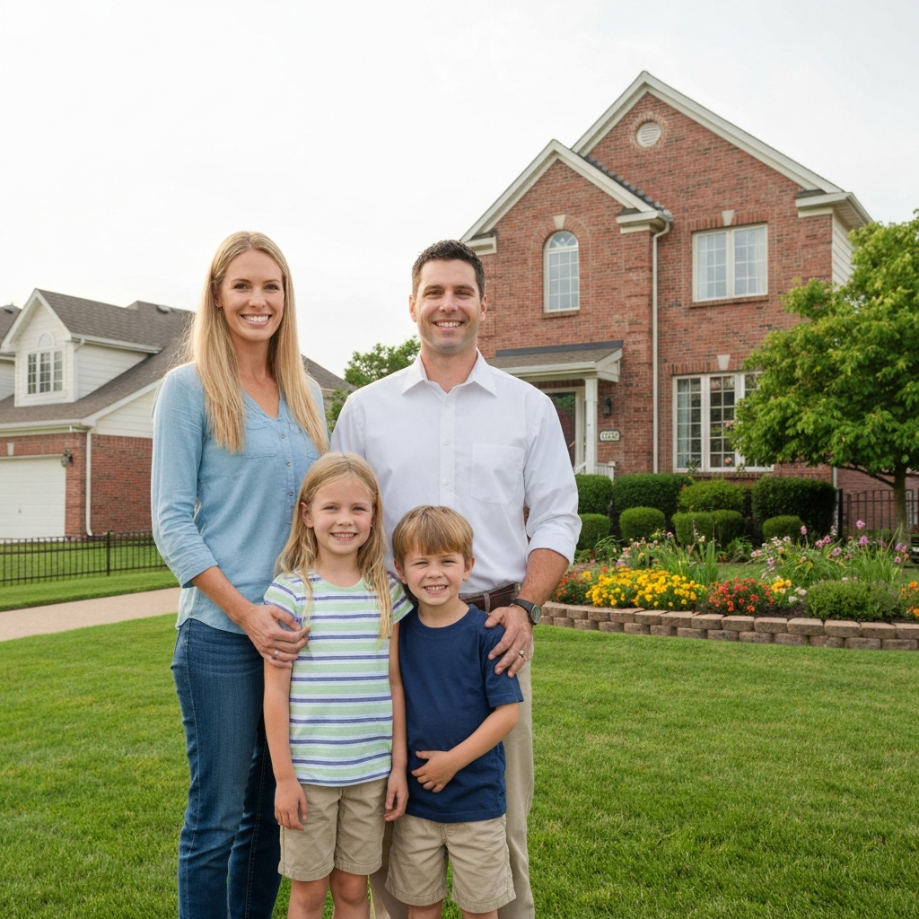 Happy family in front of new house
