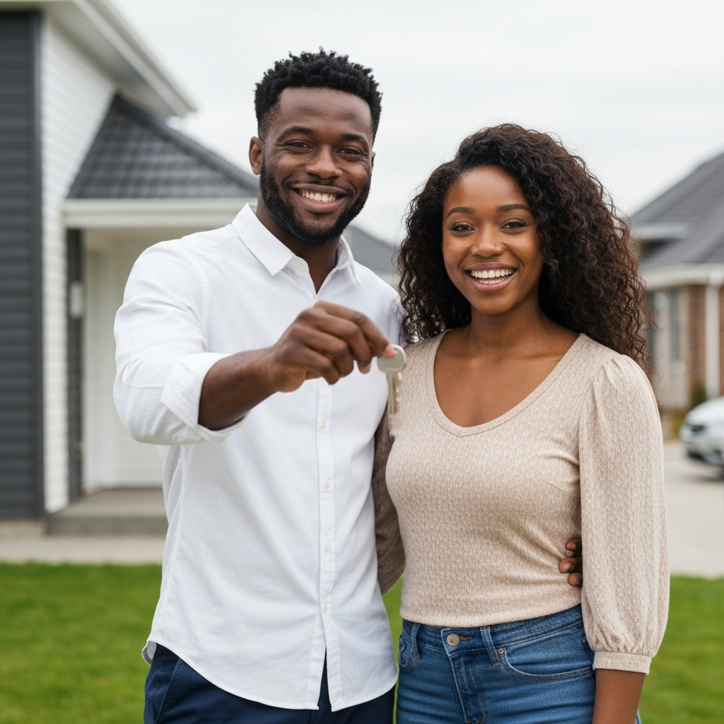 Happy couple holding house keys