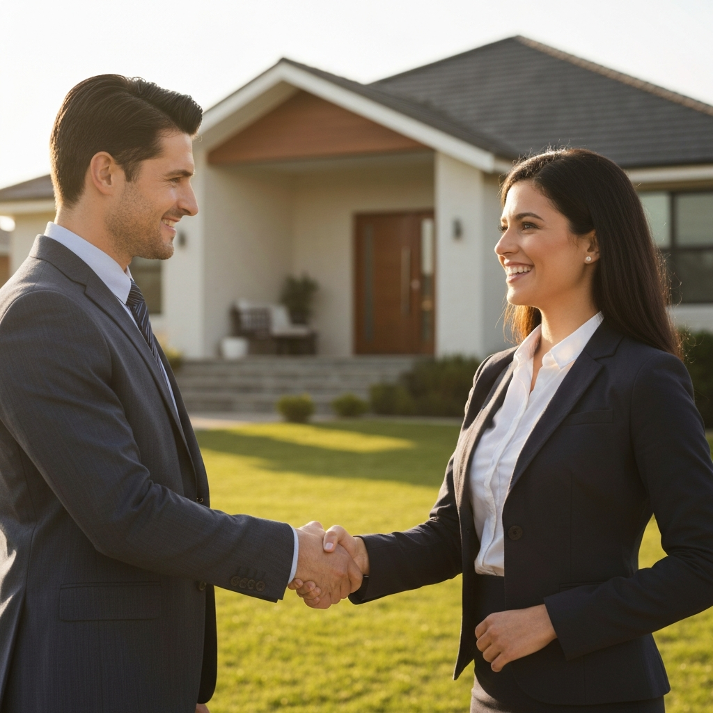 Real estate professionals shaking hands with a happy home seller after a successful cash home sale