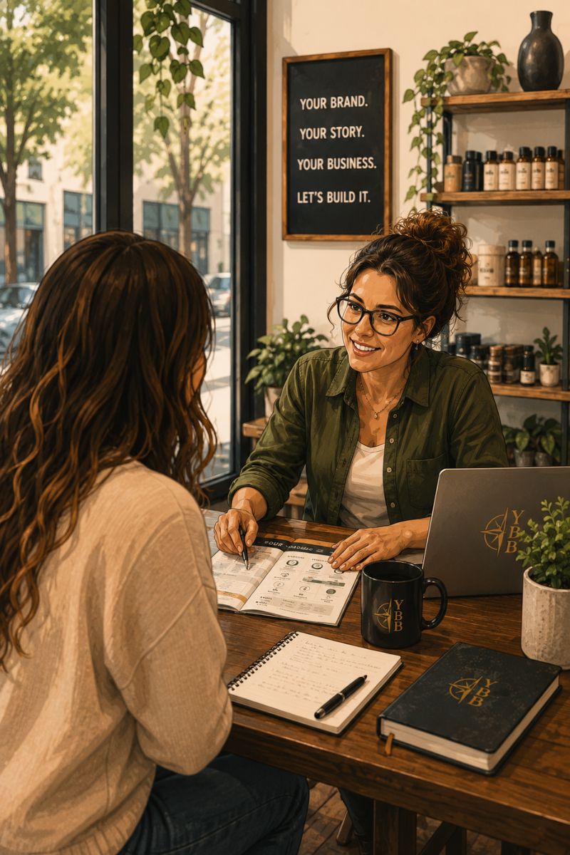 YBB customer conversation graphic showing a business owner learning about the person behind the purchase