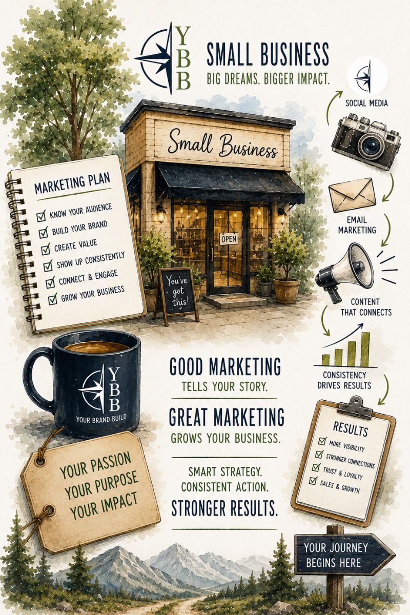 YBB small business marketing journey graphic with marketing plan, content, email, social media, and results