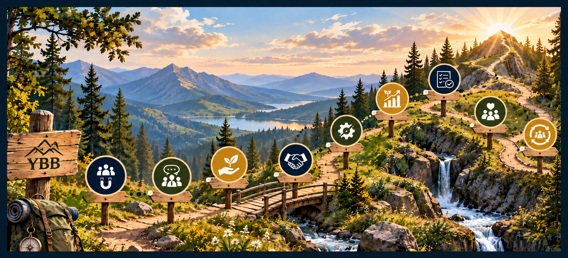 Client Experience Journey map illustration through mountain trail
